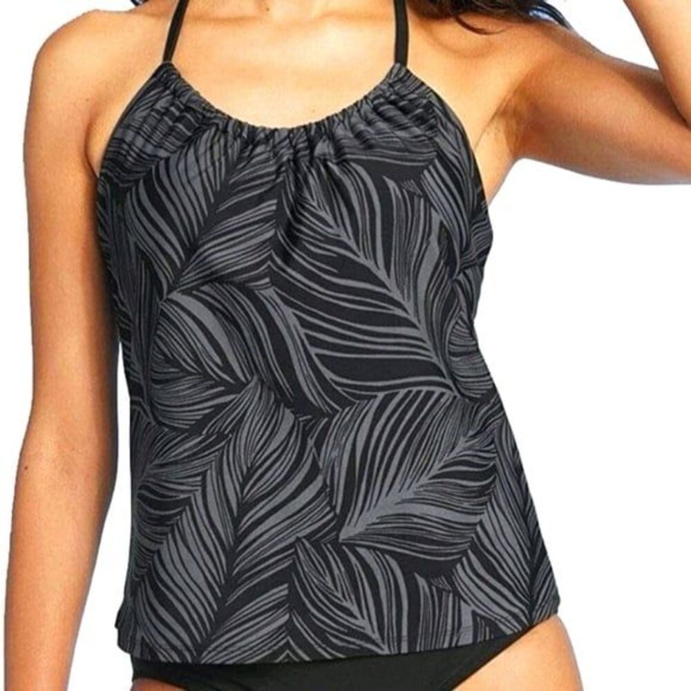 Kona Sol Tropical Palms Black Gray Halter Racerback Tankini Swim Top XS